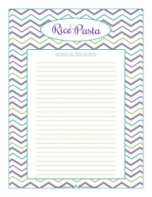 Roce and Pasta section divider for kitchen binder recipes section, inlcuding space to make a list of what recipes are in that section. From ScatteredSquirrel.com