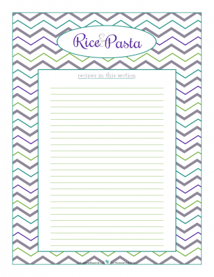 Roce and Pasta section divider for kitchen binder recipes section, inlcuding space to make a list of what recipes are in that section. From ScatteredSquirrel.com