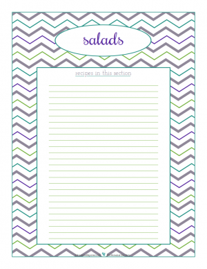 Salads section divider for kitchen binder recipes section, inlcuding space to make a list of what recipes are in that section. From ScatteredSquirrel.com