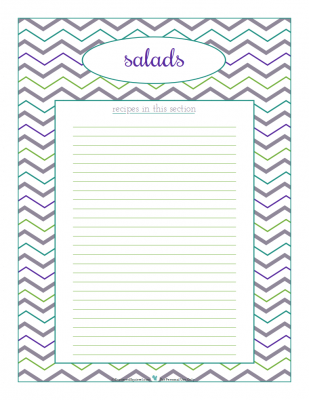 Salads section divider for kitchen binder recipes section, inlcuding space to make a list of what recipes are in that section. From ScatteredSquirrel.com