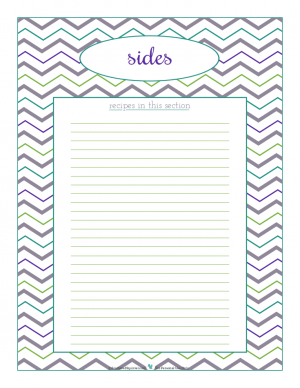 Sides section divider for kitchen binder recipes section, inlcuding space to make a list of what recipes are in that section. From ScatteredSquirrel.com