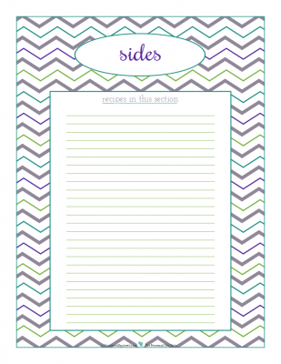 Sides section divider for kitchen binder recipes section, inlcuding space to make a list of what recipes are in that section. From ScatteredSquirrel.com