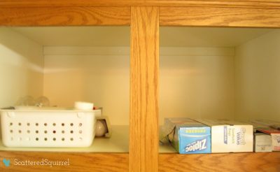 medicines and food wrap stored in upper part of pantry. ScatteredSquirrel.com