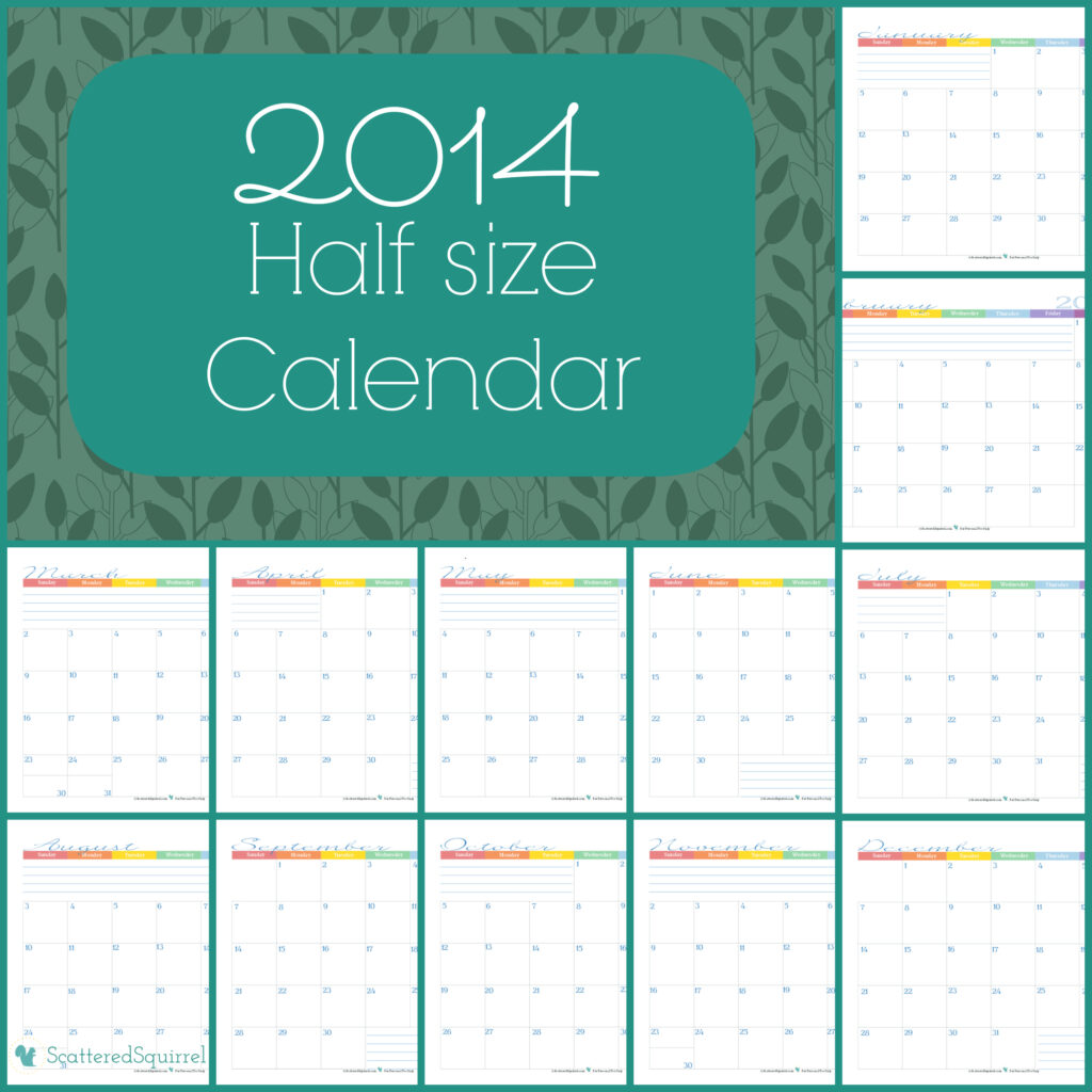 half size monthly calendar for 2014 | ScatteredSquirrel.com