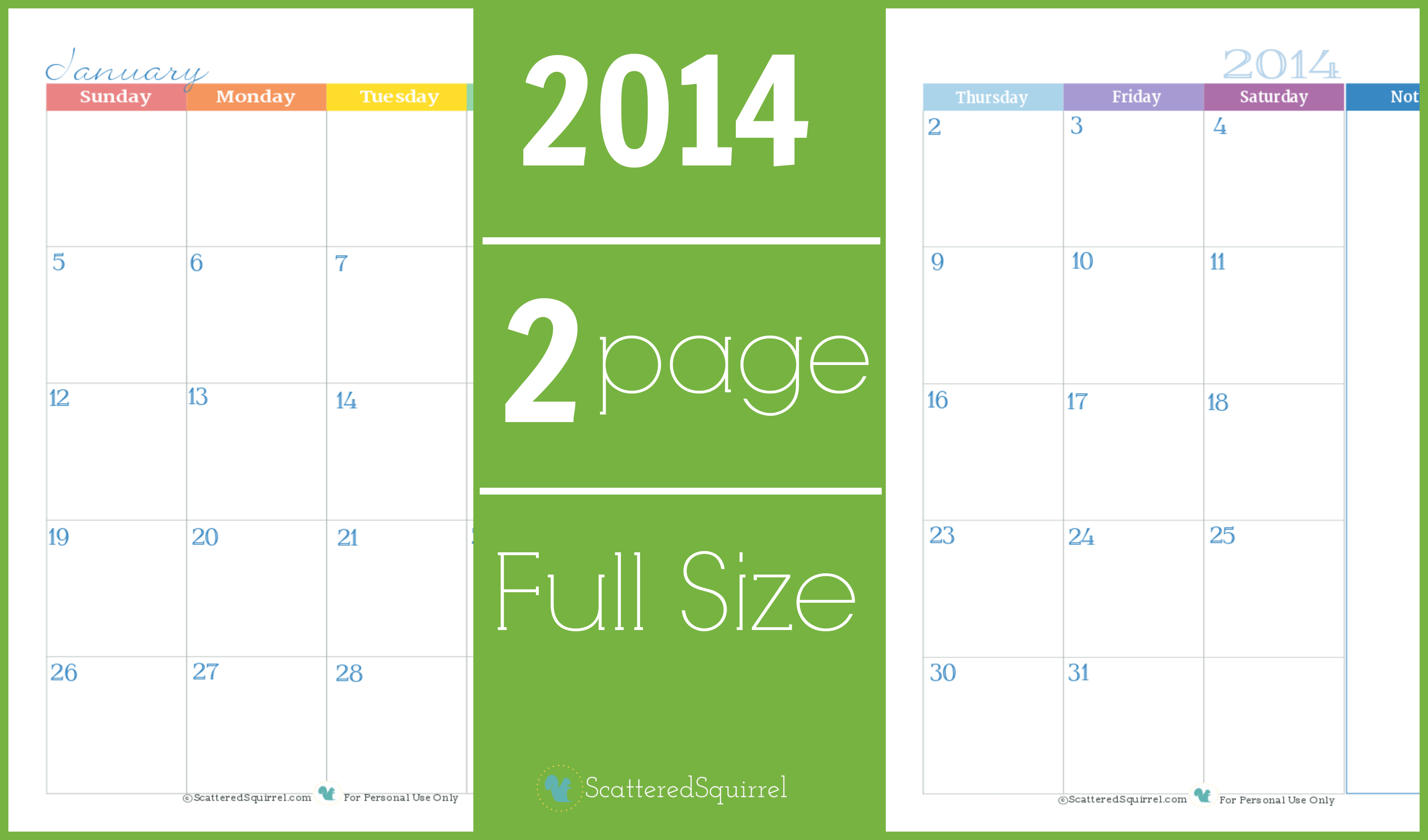 2014 calendar two page monthly scattered squirrel