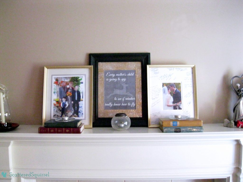 The beginning of our mantel, with the printable quote taking center stage. |ScatteredSquirrel.com