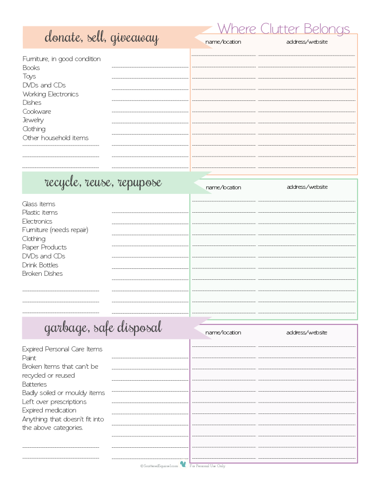 Free printable reference sheet to keep track of donation centers, websites, recycling depots and safe disposal sites in your area. That way, you know where to take your clutter. | ScatteredSquirrel.com