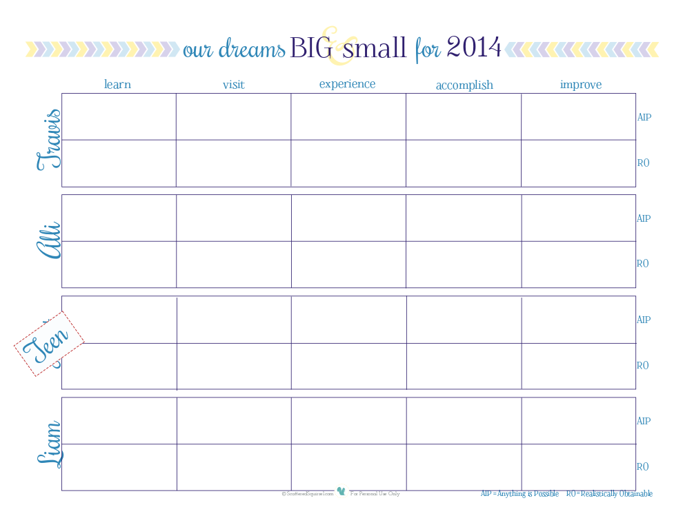 Free printable to help keep track of your dreams for the year. | ScatteredSquirrel.com