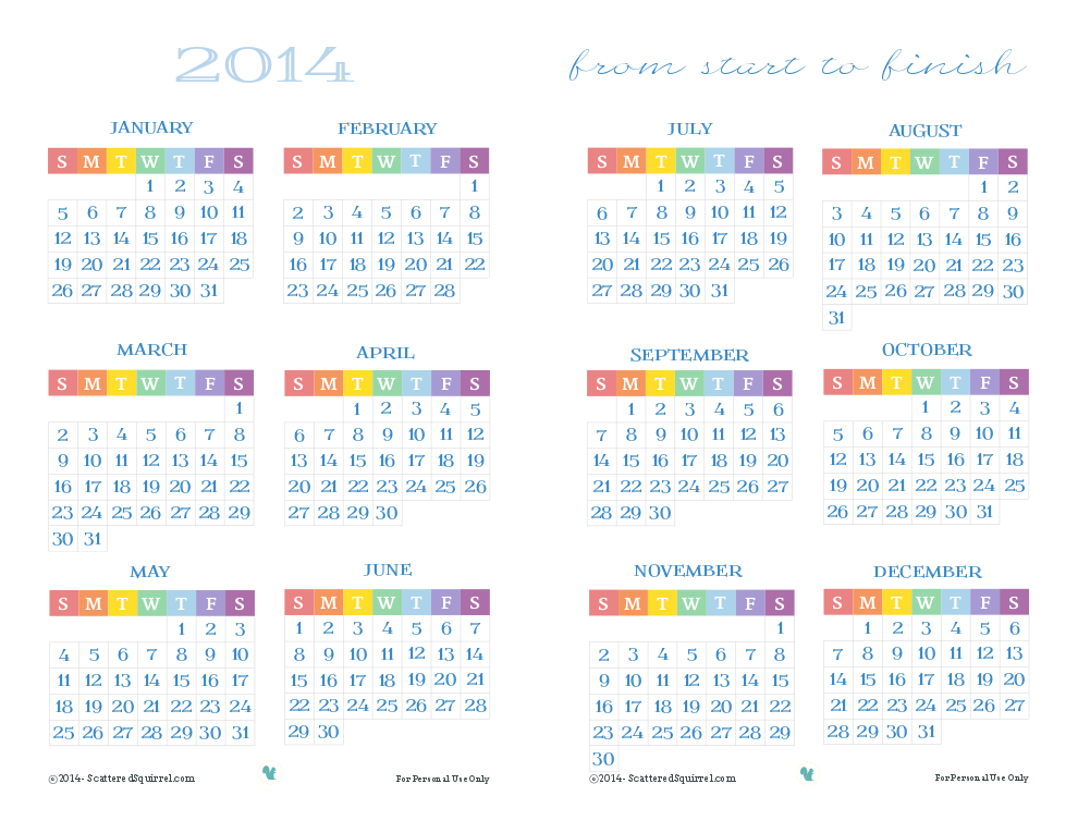 Free printable 2014 Calendar, in half size. | ScatteredSquirrel.com