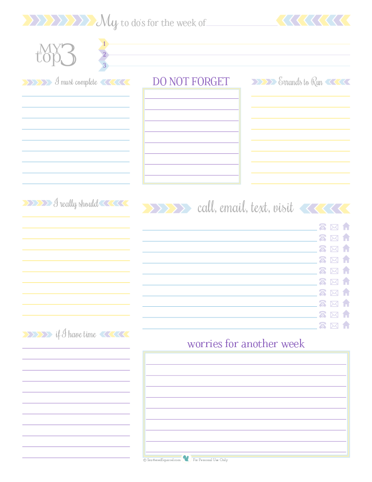 Free Printable Weekly To Do List; Keep track of all you need to do on one handy sheet. Great to use on its own or in conjunction with a planner. | ScatteredSquirrel.com