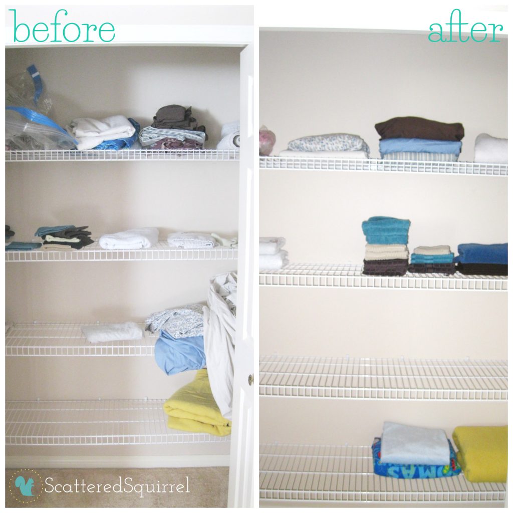 My boring before and after of my linen closet shortly after we moved into our new home. | ScatteredSquirrel.com