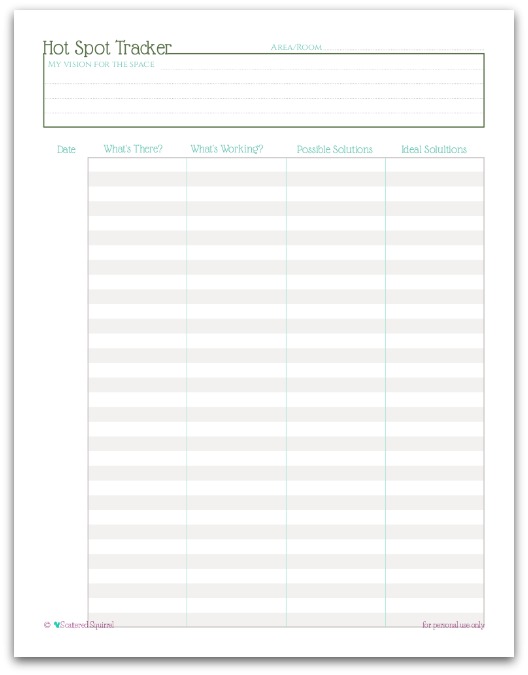 Use this free printable hotspot track as tool to help you organized those areas that seem to attract clutter. | ScatteredSquirrel.com