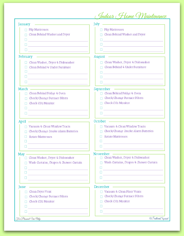 Free printable to keep track of Indoor Home Maintenance. Divided by month | ScatteredSquirrel.com