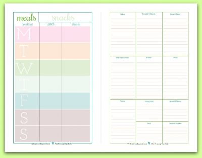 half page meal planner with grocery list