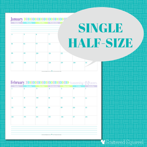 Free Printable 2015 Half Size Calendar with 1 month per page | ScatteredSquirrel.com