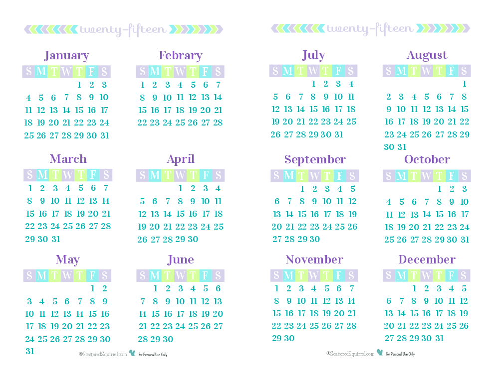 Half-Size 2015 Yearly Calendar. 6 months per page.. These half-size printable calendars print on one 8.5 x 11 page, simply print, fold in half with printed side facing out, and hole punch, or cut in half and use the back side of each page for notes.