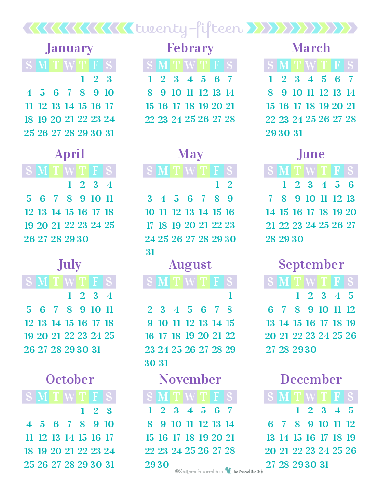 2015 Yearly Calendar printable. All 12 months on one printable page.