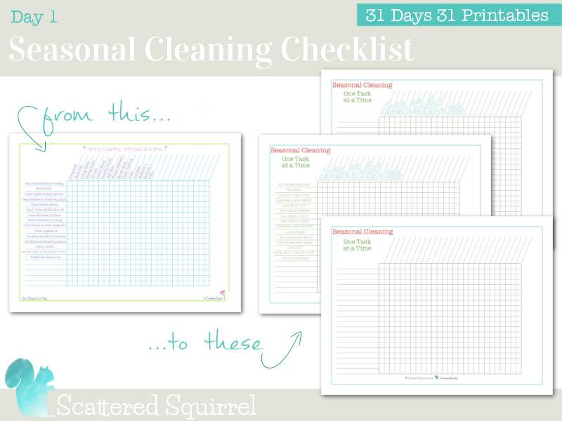 Day 1 - Printable Seasonal Cleaning Checklists to help you customize a seasonal cleaning routine.