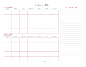 Use this baking plan printable to help plan out when you're going to do your holiday baking. The shopping list makes it great to jot down ingredients you'll need as you make up your plan.