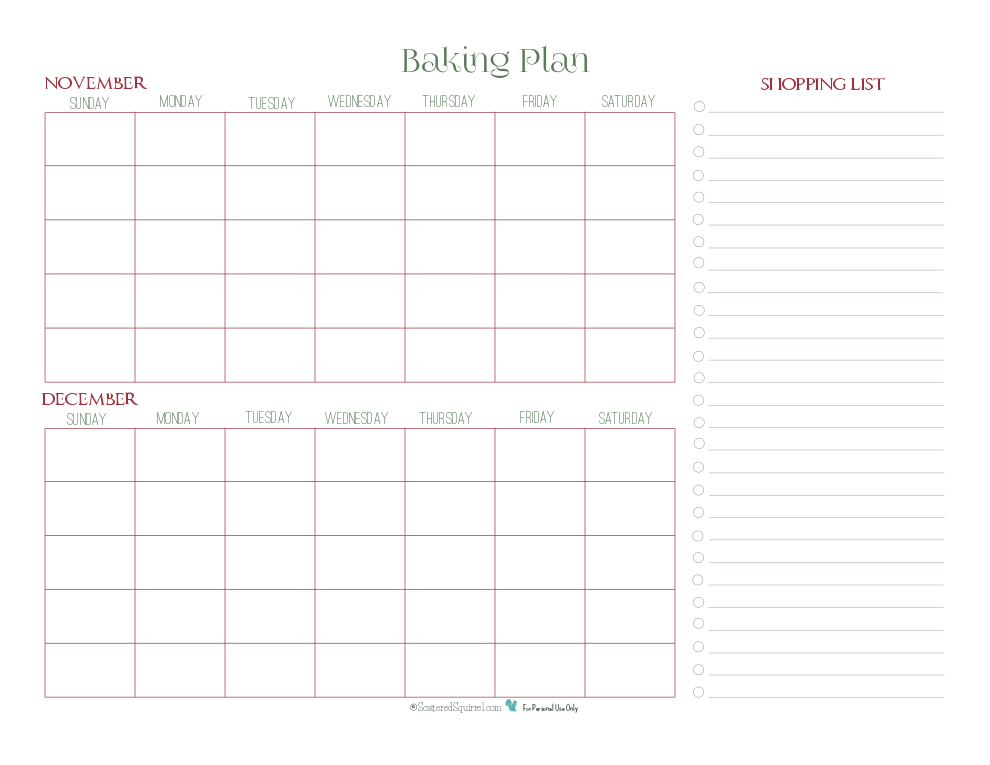 Use this baking plan printable to help plan out when you're going to do your holiday baking. The shopping list makes it great to jot down ingredients you'll need as you make up your plan.