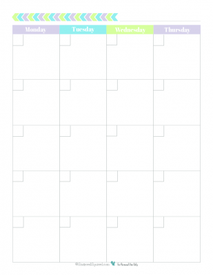 This free blank monthly calendar begins on Monday and printable spreads one month out over two 8.5x11 pages and comes in a fun and fresh colour scheme.