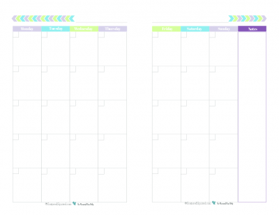 This free printable monthly calendar begins on Monday and prints one month spread over two half size pages and comes in a fun and fresh colour scheme.