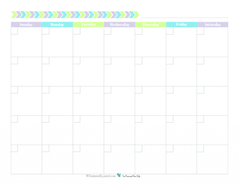 Blank Monthly Calendar Green, Blue, Purple Scattered Squirrel