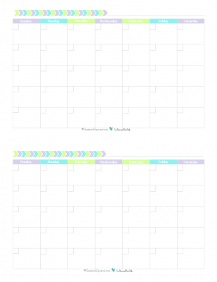 This free printable monthly calendar prints two 4.25 x 5.5 per 8.5x11 page and features a fun and fresh colour scheme