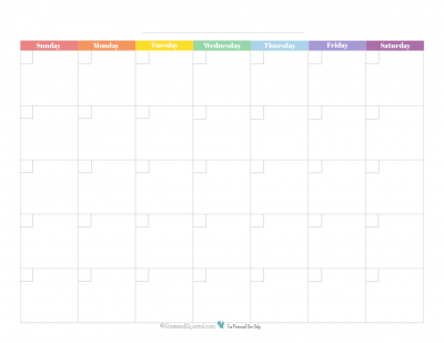 This free printable monthly calendar prints full size on 8.5X11 and features a rainbow colour scheme