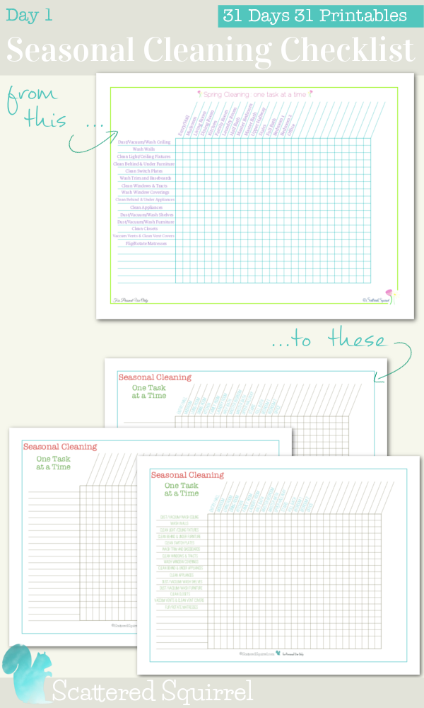 {31 Days 31 Printables} Day 1: Seasonal Cleaning Checklist printables. Three new layouts to choose from so you can stay on top of all those seasonal cleaning jobs.