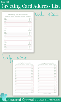 {31 Days 31 Printables} Day 10 - Greeting Card Address List Printable- These handy printables are great for keeping track of loved ones addresses, whether or not you've sent a card and/or gift and if they have received them yet. Fill out the name, address and email then pop them into page protectors. Use dry erase markers to check each item off. At the end of season, erase and you're ready for next year.