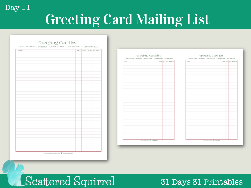 Day 11 Greeting Card Mailing List Scattered Squirrel