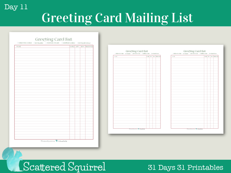 Day 11 Greeting Card Mailing List - Scattered Squirrel