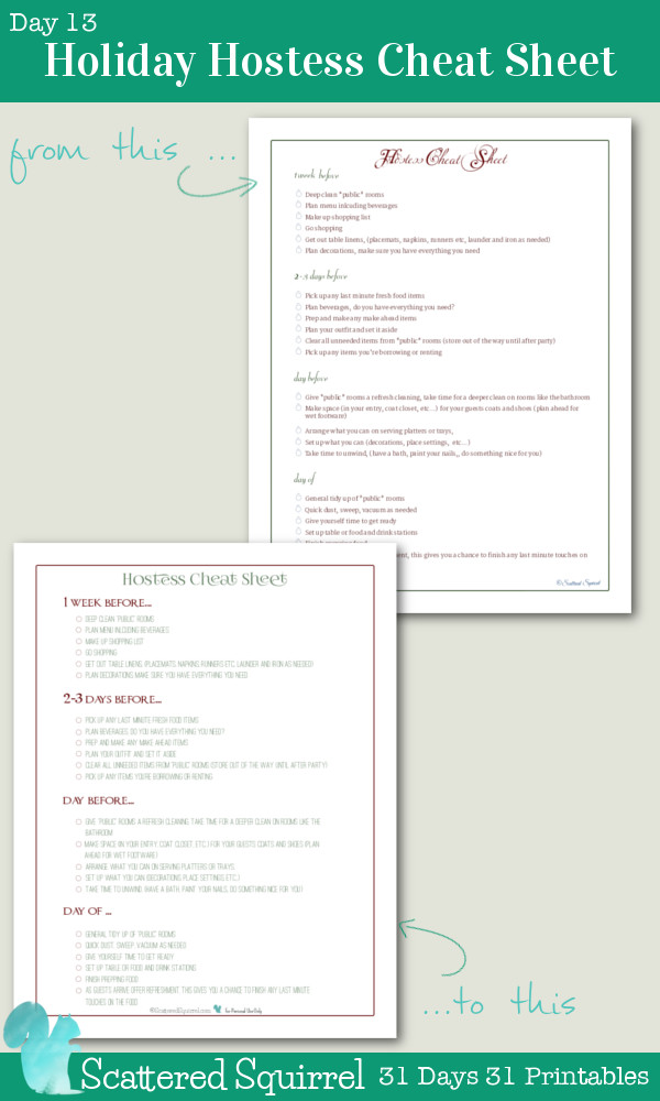 {31 Days 31 Printables}Day 13- Holiday Hostess Cheat Sheet Printable: This printable helps take away some of the stress that comes along with hosting holiday get togethers. Follow the reminders on this list to help stay on track without feeling pressured or rushed.