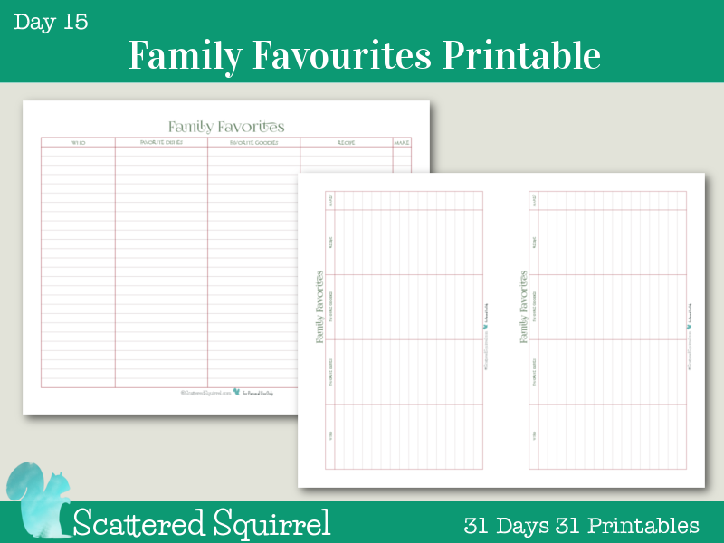 Day 15- Family Favourites- This handy little printable will help you keep track of all your family's favourite holiday dishes and goodies. Choose from full size or half-size.