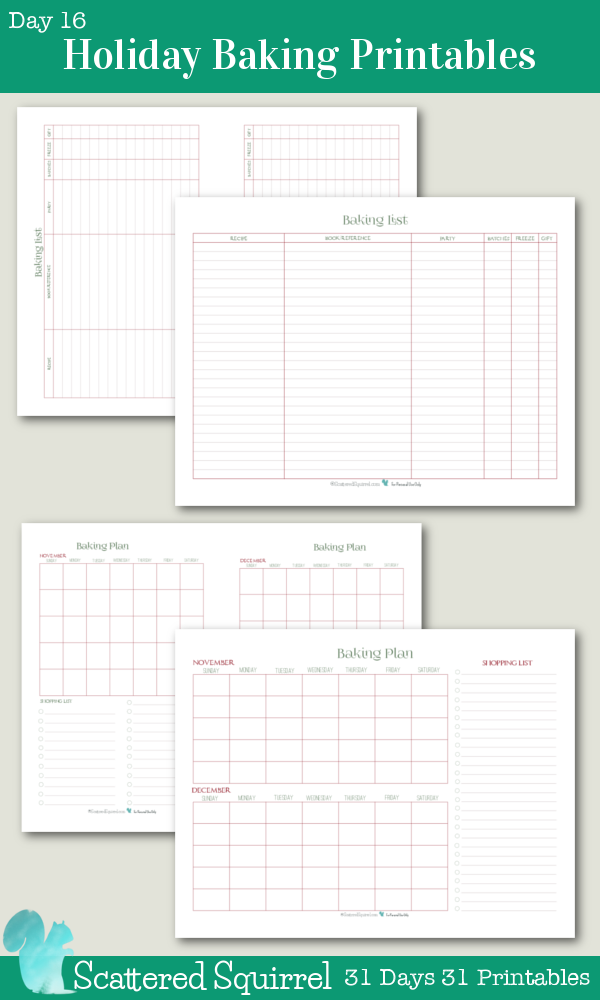 {31 Days 31 Printable} Day 16- Holiday Baking Printable Collection- I love baking for the holidays. The more goodies the better, I use these two printables to help me keep track of what I'm making and most importantly when I'm going to be making it. Starting early and spreading it out through a few weeks means that we have a great variety, but I'm not spending three or four days in the kitchen scrambling to get everything made.