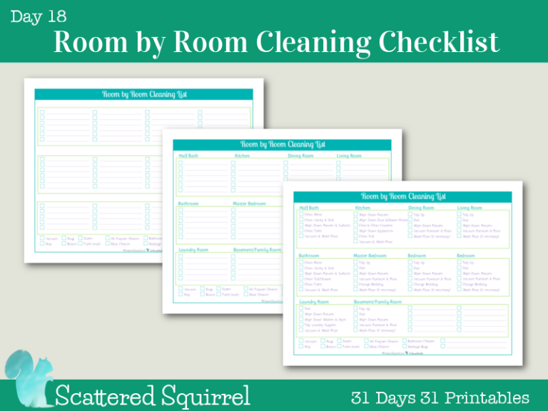 Day 18 - Room by Room Cleaning Checklists. Keep track of your cleaning tasks for each room with one of these handy printables.