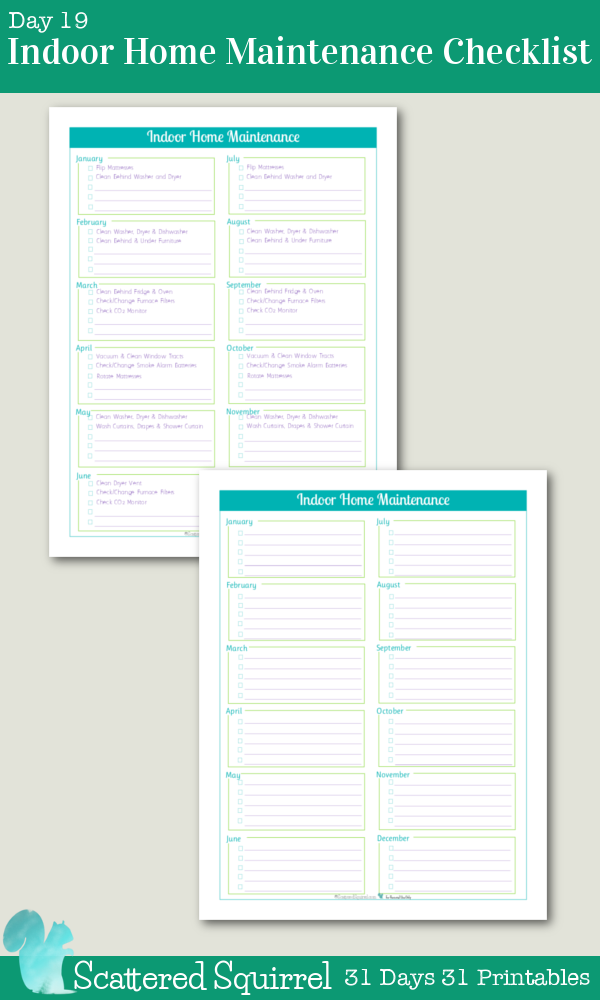 {31 Days 31 Printables} Day 19- Indoor Home Maintenance Checklist Printables- Make sure those monthly indoor maintenance jobs are getting done with one of these handy checklists.