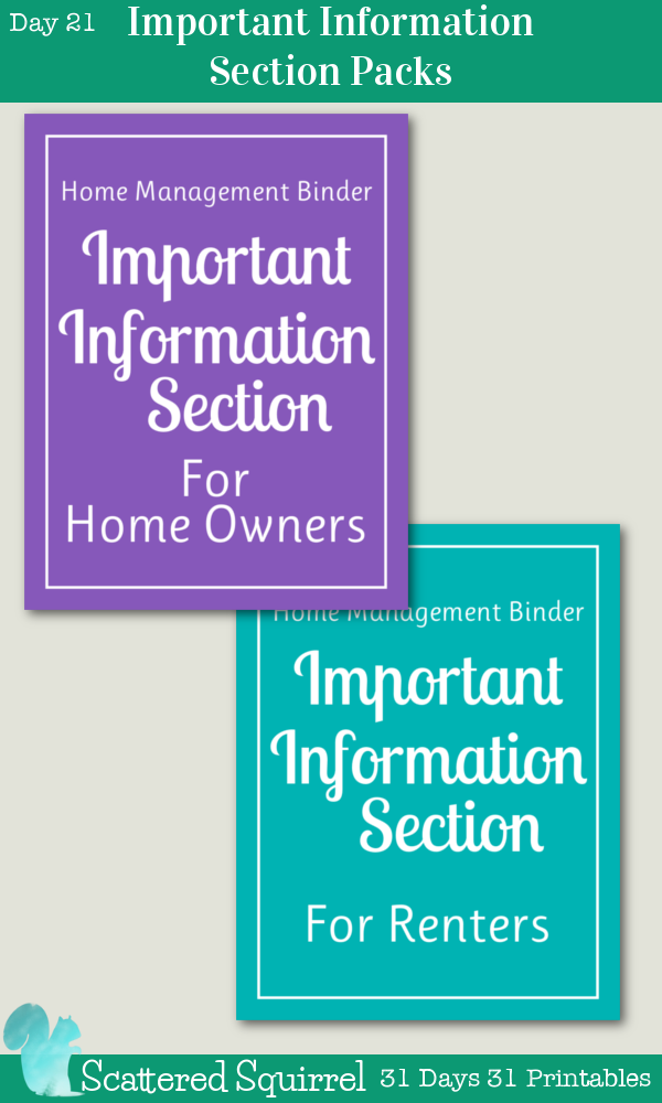 {31 Days 31 Printables} Day 21 - Important Information Section Printable Packs - these section pack each contain the three printables for the Important Information Section of my home managment binder; important information, emergency contacts and important account information.