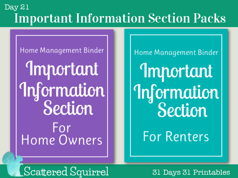 Day 21 - Important Information Section Packs - these section pack each contain the three printables for the Important Information Section of my home managment binder; important information, emergency contacts and important account information.