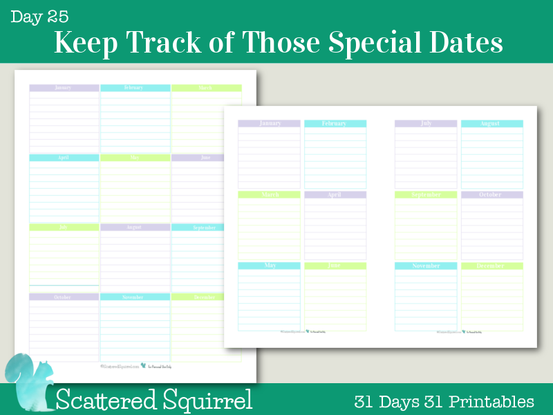 {Day 25} Keep Track of those Special Dates Printables
