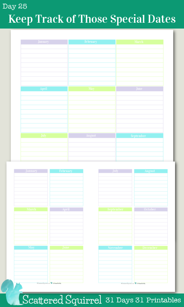 {31 Days 31 Printables} Day 25- Keep Track of Those Special Dates with one of these planner printables. Two sizes to choose from so you can find the one that will fit your planner the best.