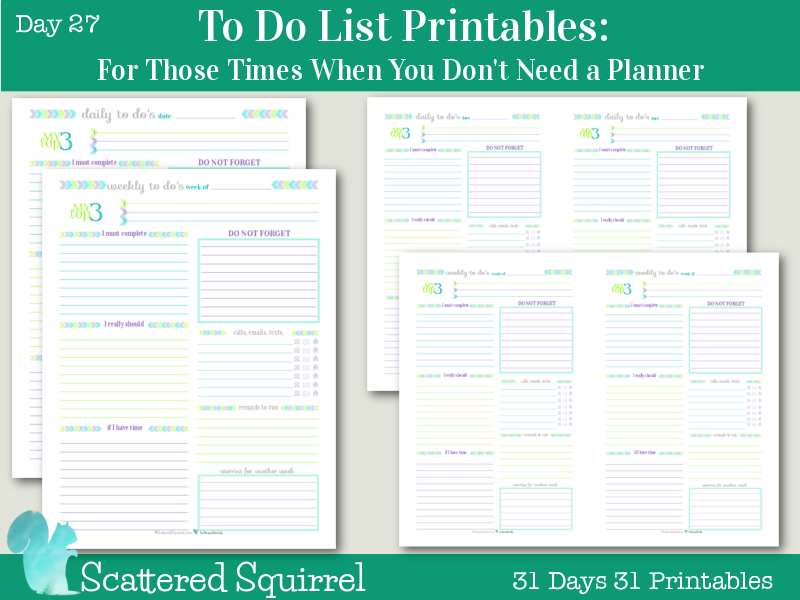 Day 27: To Do List Printables For Those Times When You Don't Need a Planner. Both the daily and weekly to do list printables come in full and half-size, use in conjunction with your usual planner or on their own.