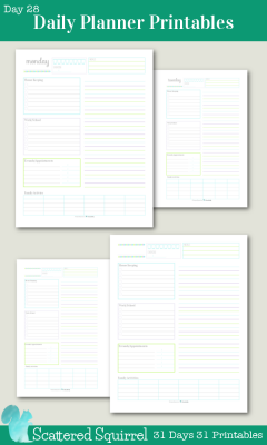 {31 Days 31 Printables} Day 28 - Daily Planner Printables: These printables are perfect for keeping track of routine things you do every day. Log water consumption and exercise, plan your meals, routine housekeeping tasks, work/school to do's, errand to run appointments to keep, there is even room to jot down the activities your family is up to that day. Use the lined section on the right hand side for note, an extra to do list, a shopping list or as an agenda.