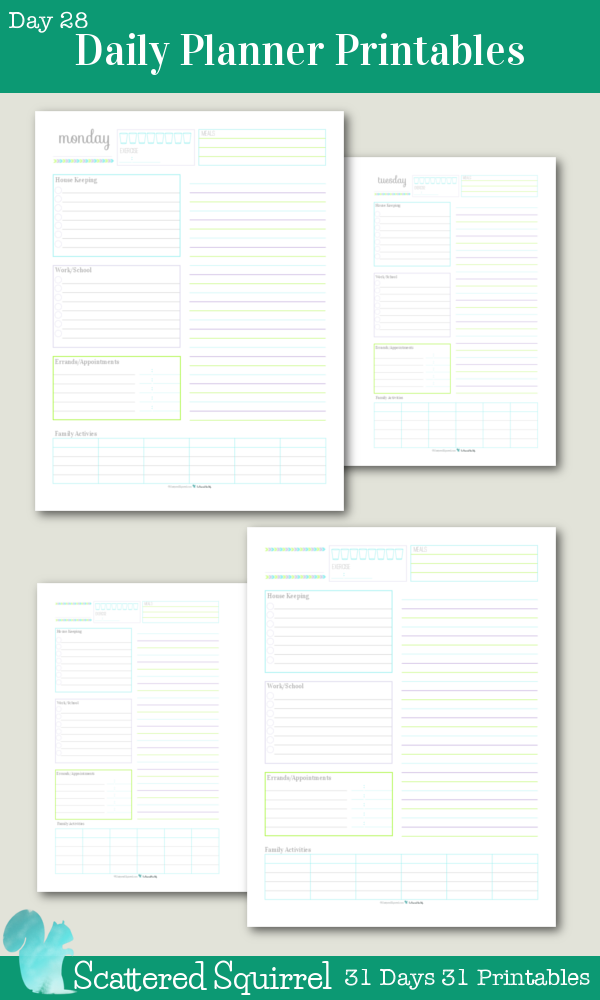 {31 Days 31 Printables} Day 28 - Daily Planner Printables: These printables are perfect for keeping track of routine things you do every day. Log water consumption and exercise, plan your meals, routine housekeeping tasks, work/school to do's, errand to run appointments to keep, there is even room to jot down the activities your family is up to that day. Use the lined section on the right hand side for note, an extra to do list, a shopping list or as an agenda.