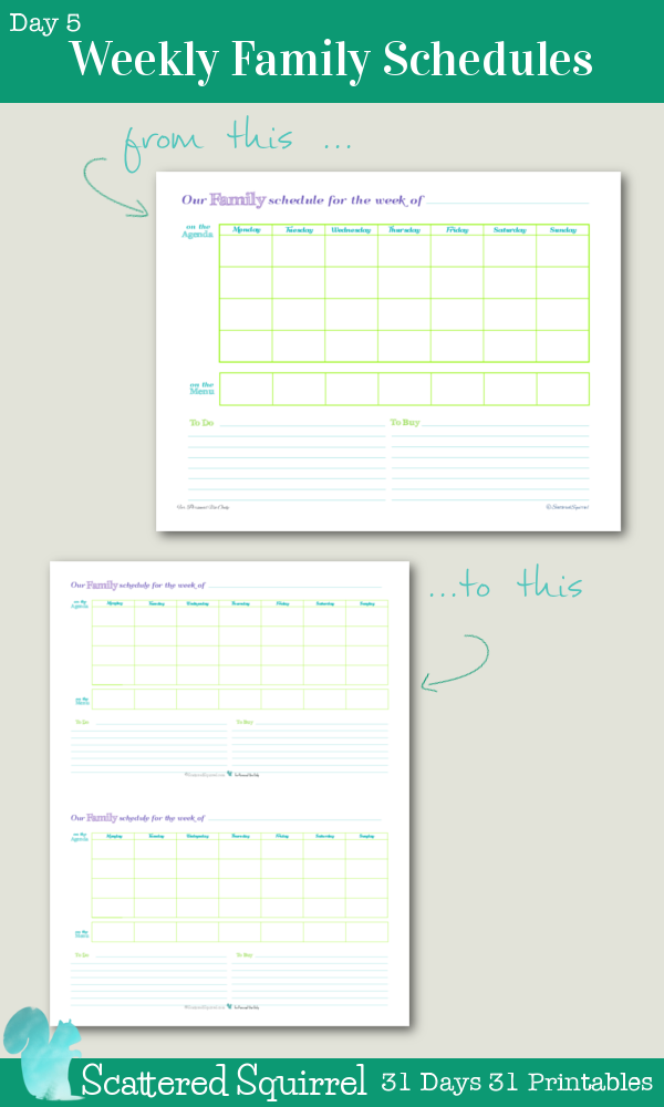 {31 Days 31 Printables} Day 5- Weekly Family Schedules, Half Size Addtion. This handy weekly family schedule printable has been shrunk to fit into mini binder, arc junior notebooks, and other A5 sized planners. Keep track of where your family needs to be and what needs to be done, list out your weekly to dos, and even jot down the weekly shopping list, all in one handy place.