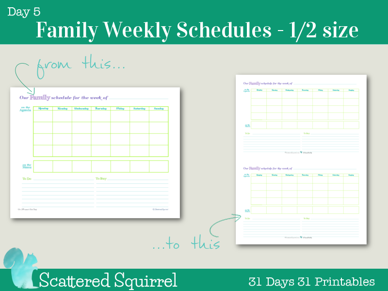 Day 5 - Weekly Family Schedules Printable. At your request I've shrunk down the family schedule printable to fit mini binder, junior arc and other A5 sized books. I hope this handy printable will help you stay organized and keep track of everything your family needs to do in a week.