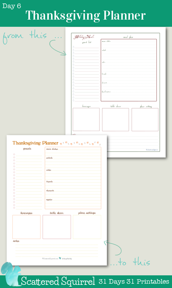 {31 Days 31 Printables} Day 6 - Thanksgiving Planner Printable: Use this handy printable to plan your Thanksgiving get together. Keep track of everything from the menu and guests, to decoration ideas.