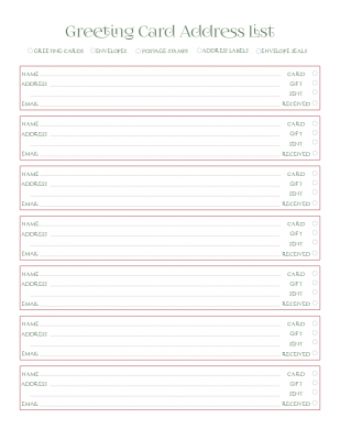 This handy printable is an address book and tracker all in one. Keep addresses all in one place and check off whether you've sent each person a card and/or gift and whether or not they have received it.