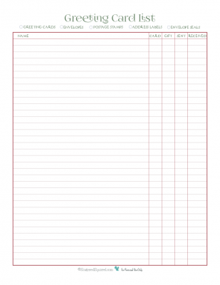 Use this printable to create a list of everyone you want to send a greeting card to this holiday season. You can keep track of if you have the card, a gift as well, was it sent and whether or not it was received